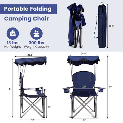 Professional title: ```Blue Portable Folding Beach Chair with Canopy and Cup Holders```