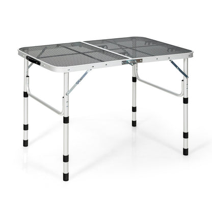 Professional title: "Silver Aluminum Grill Table with Iron Mesh Top"