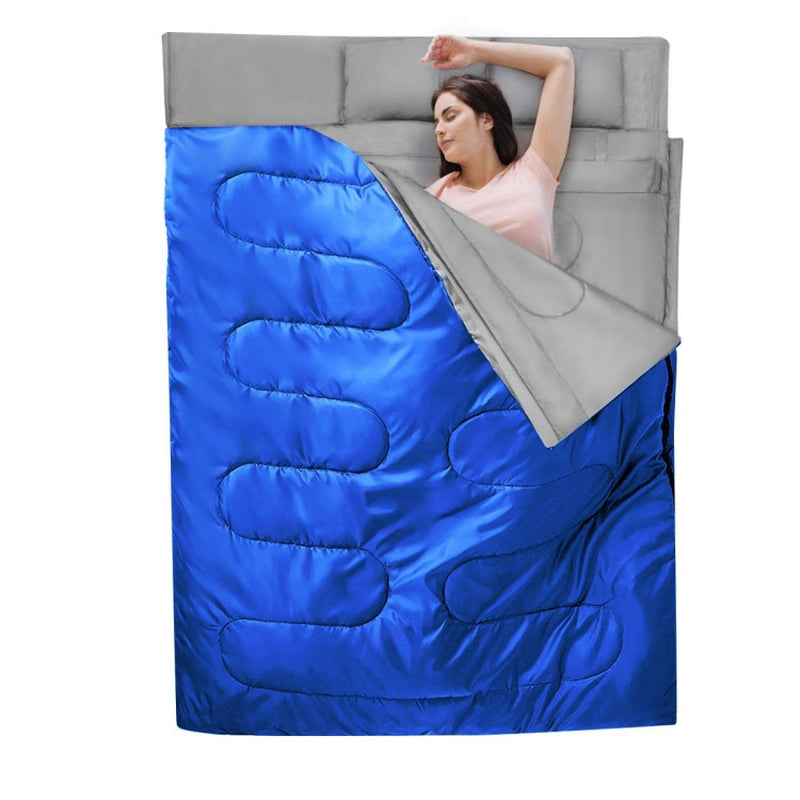 Professional title: "Two-Person Waterproof Sleeping Bag Set with Two Pillows in Blue"