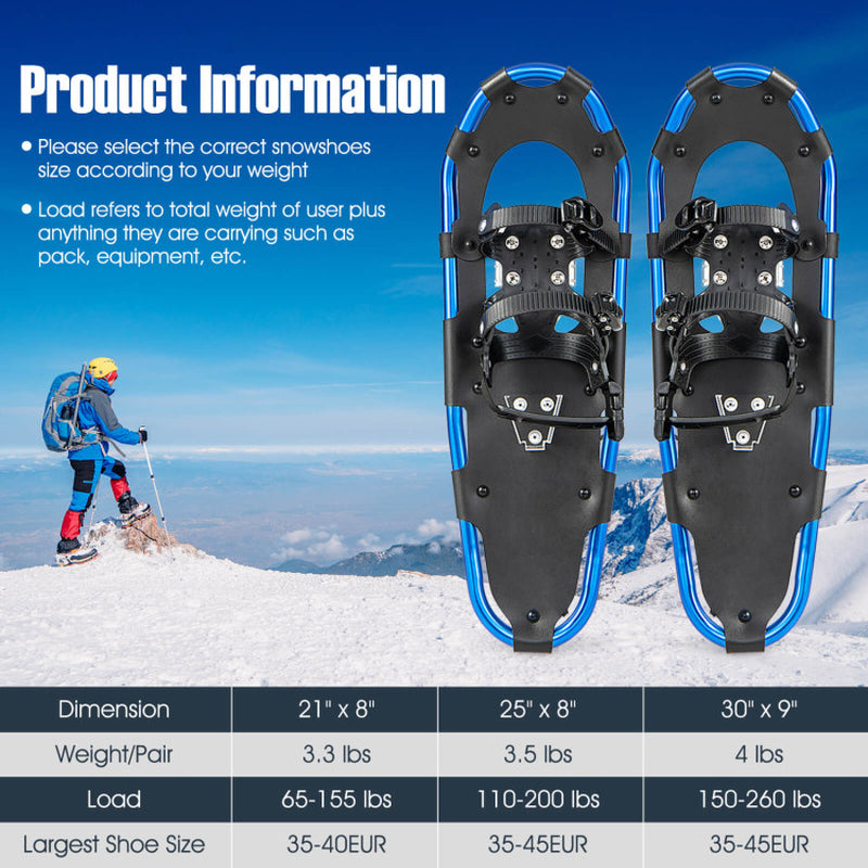 Professional rewrite: "Lightweight Terrain Snowshoes with Flexible Pivot System - Available in 21, 25, and 30 Inch Options"