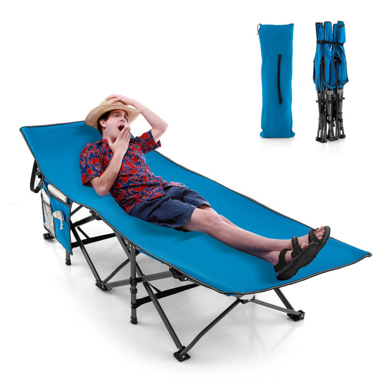 Professional title: "Portable Folding Camping Cot in Blue with Carry Bag"