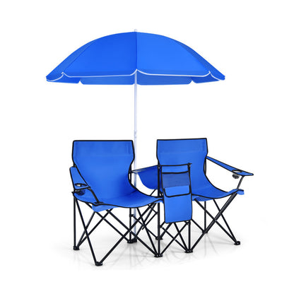 Professional title: "Gray Portable Folding Picinic Double Chair with Umbrella"