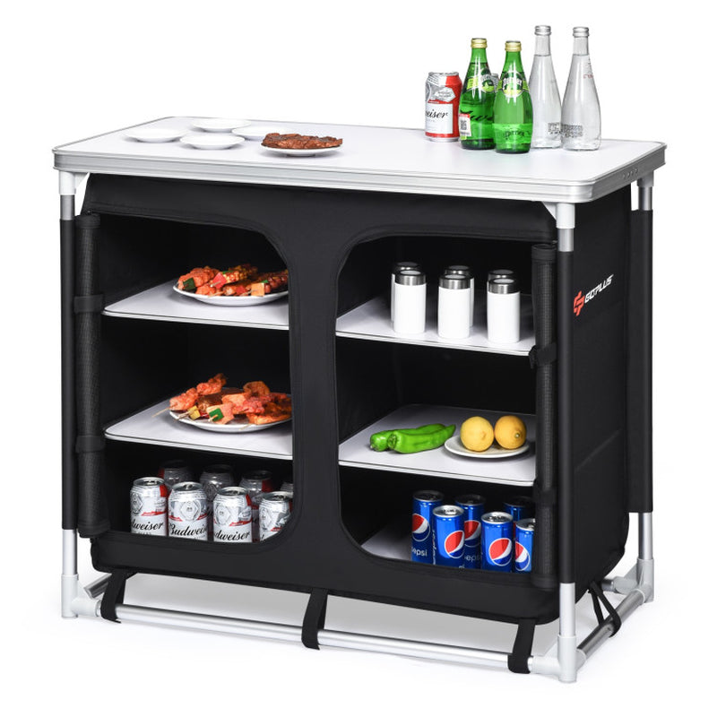 Professional title: ```Gray Portable Camping Kitchen Table with Integrated Storage Shelves```