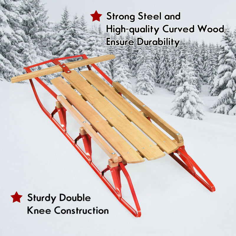 Professional title: "54-Inch Children's Wooden Snow Sled with Metal Runners and Steering Bar"