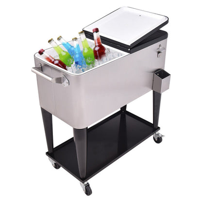 Professional title: "80 Quart Stainless Steel Rolling Patio Beverage Cooler"