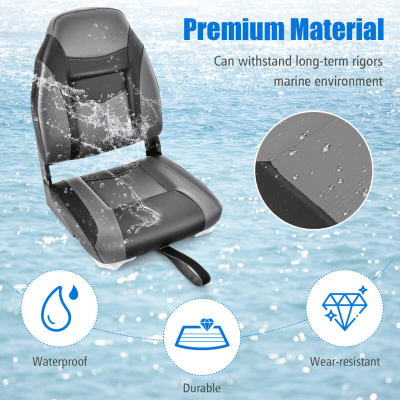 Professional title: "Single High Back Folding Boat Seat with Black Grey Sponge Cushion and Flexible Hinges"