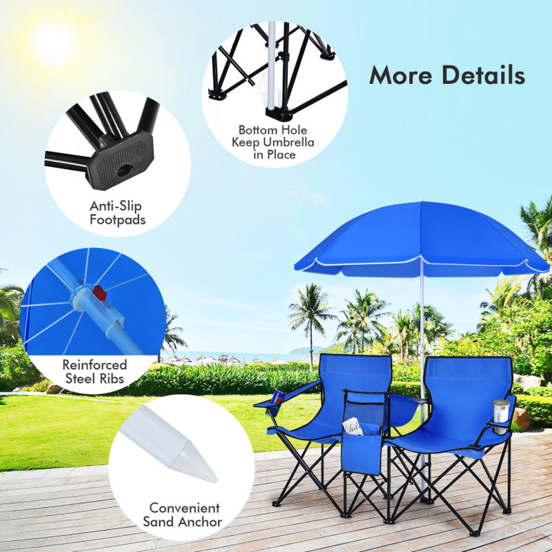 Professional title: "Gray Portable Folding Picinic Double Chair with Umbrella"