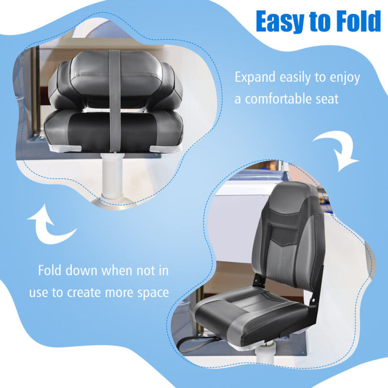 Professional title: "Single High Back Folding Boat Seat with Black Grey Sponge Cushion and Flexible Hinges"