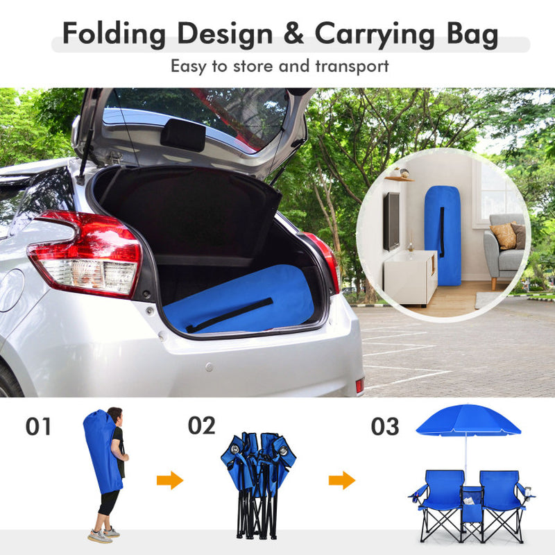 Professional title: "Gray Portable Folding Picinic Double Chair with Umbrella"