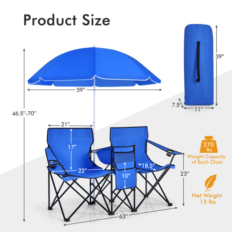 Professional title: "Gray Portable Folding Picinic Double Chair with Umbrella"