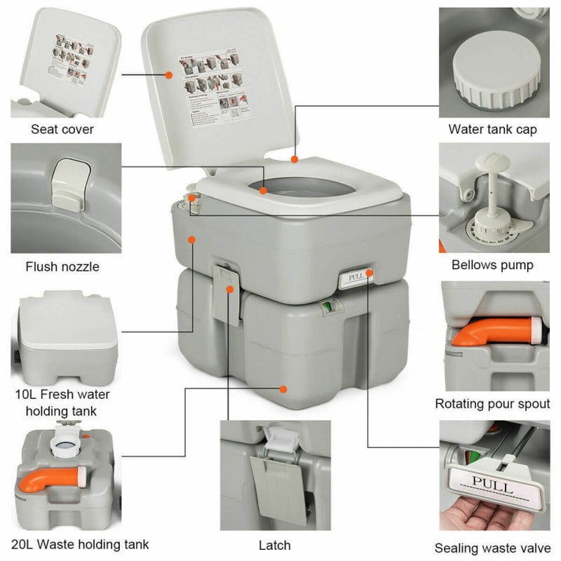 Professional title: "5.3 Gallon Portable Travel Toilet with Piston Pump Flush System"