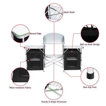 Professional title: ```Gray Folding Camping Table with Integrated Storage Organizer```