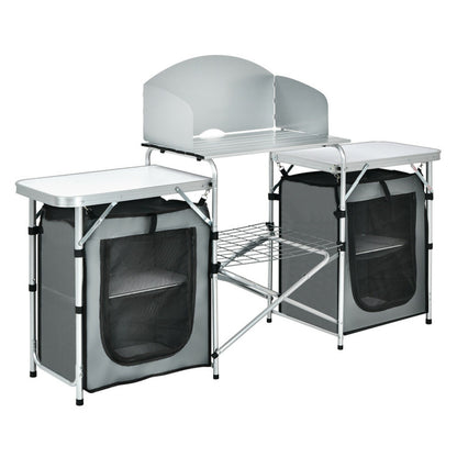 Professional title: ```Gray Folding Camping Table with Integrated Storage Organizer```