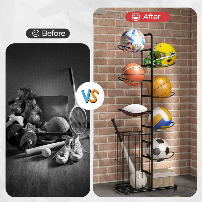 Metal Basketball Holder with 7 Removable Hanging Rods and Side Ball Basket