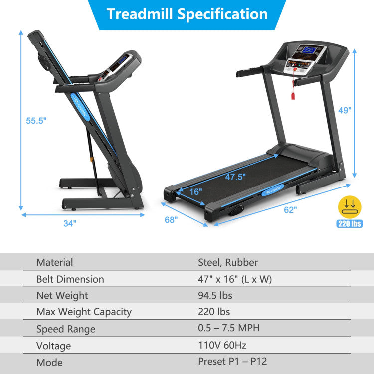 Foldable Electric Treadmill with 2.25 HP Motor and LCD Display