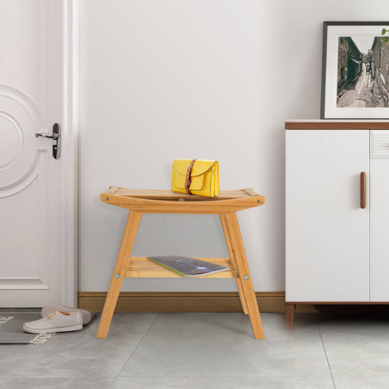 Natural Bamboo Shower Seat Bench with Underneath Storage Shelf