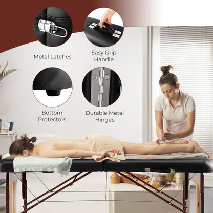 Height-Adjustable Folding Massage Table with Beech Wood Frame in Black Color