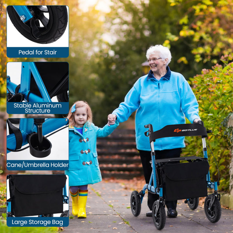 Blue Height Adjustable Foldable Rolling Walker with Seat for Seniors