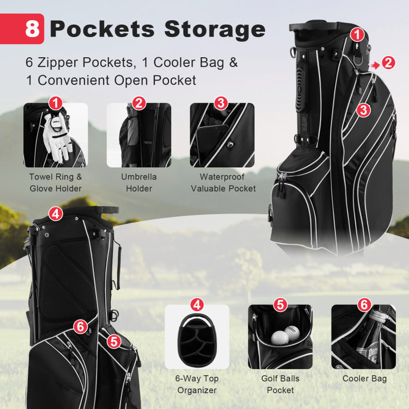 Golf Stand Cart Bag with 6-Way Divider Carry Pockets-Red