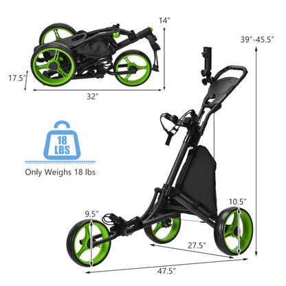 Folding 3 Wheels Golf Push Cart with Bag Scoreboard Adjustable Handle-Gray