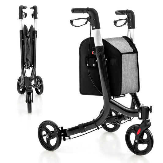 Adjustable Handle 3-Wheel Rolling Walker in Black