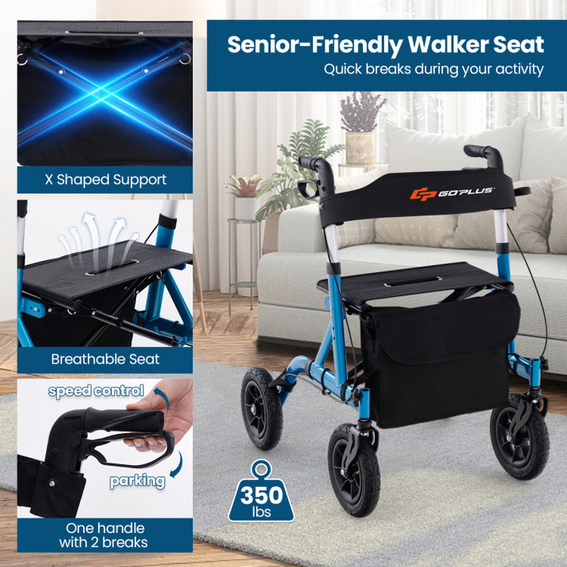 Blue Height Adjustable Foldable Rolling Walker with Seat for Seniors