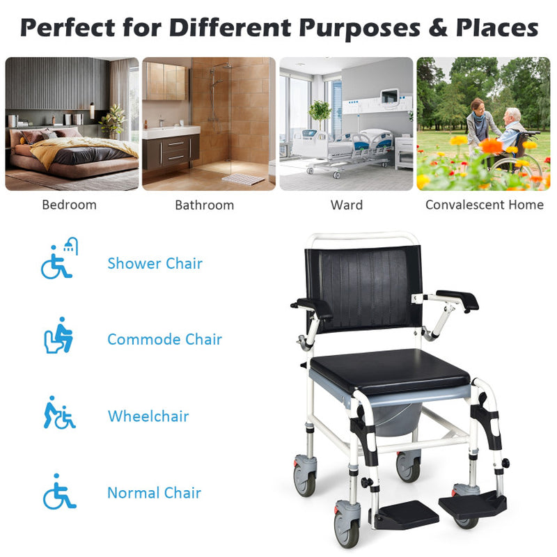 4-In-1 Bedside Commode Wheelchair with Detachable Bucket