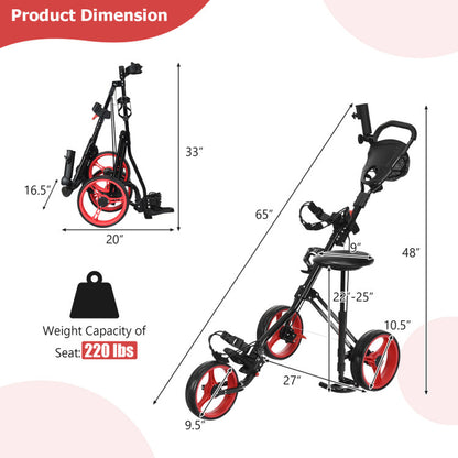 Foldable 3 Wheels Push Pull Golf Trolley with Scoreboard Bag-Navy