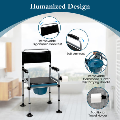 Multifunctional Folding Bedside Commode Chair with Removable Bucket and Towel Holder