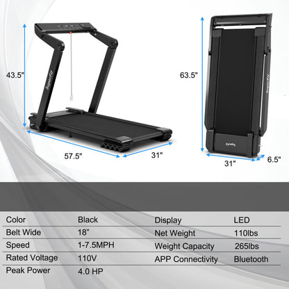 4.0HP Foldable Electric Treadmill Jogging Machine with Speaker Led-Black